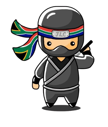 JLCSA ninja mascot wearing a South African flag headband